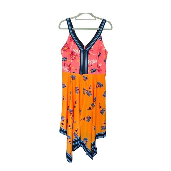 Guess Floral Bright Colorblock Handkerchief Hem Knee Length Dress Size 8 - Picture 1 of 10